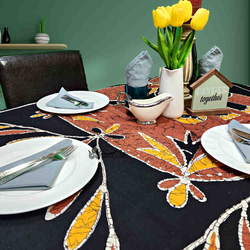 Lucky Elephant Batik Cotton Tablecloth Rectangle Gold Rust Black