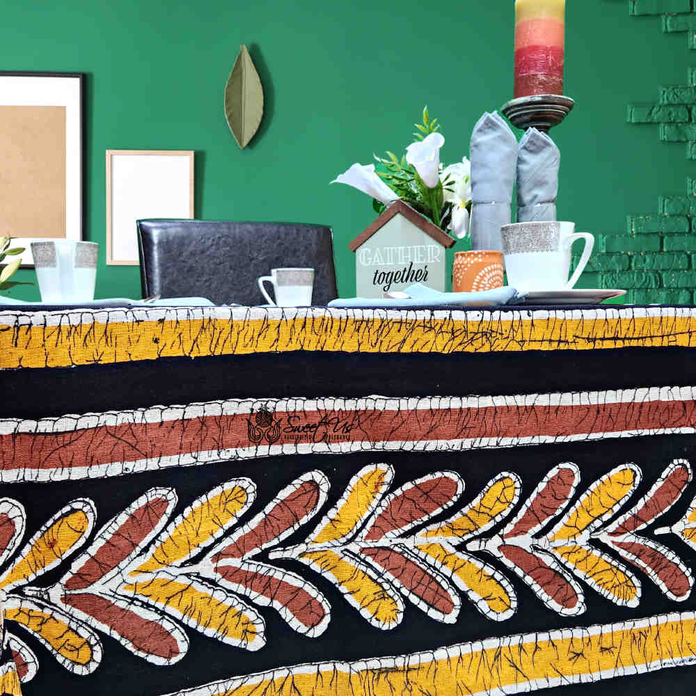 Lucky Elephant Batik Cotton Tablecloth Rectangle Gold Rust Black