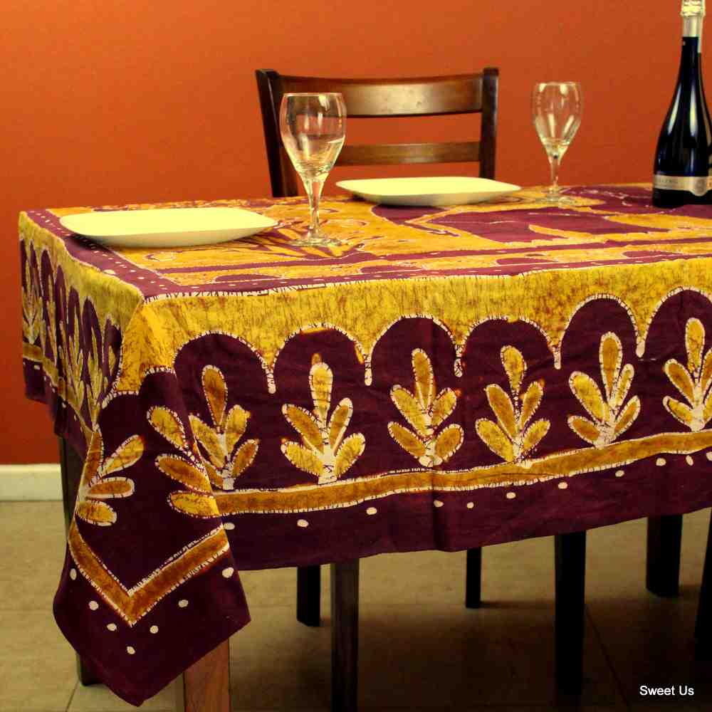 Cotton Luck Elephant Batik Print Floral Tablecloth Rectangle 66x94 Gold Burgundy