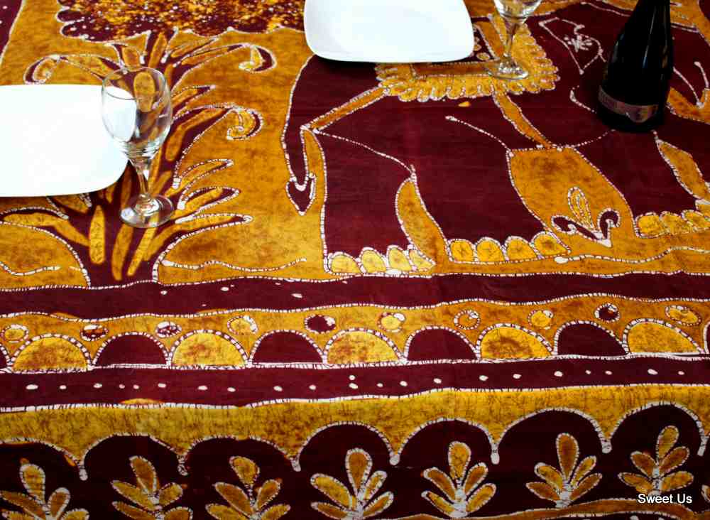 Cotton Luck Elephant Batik Print Floral Tablecloth Rectangle 66x94 Gold Burgundy