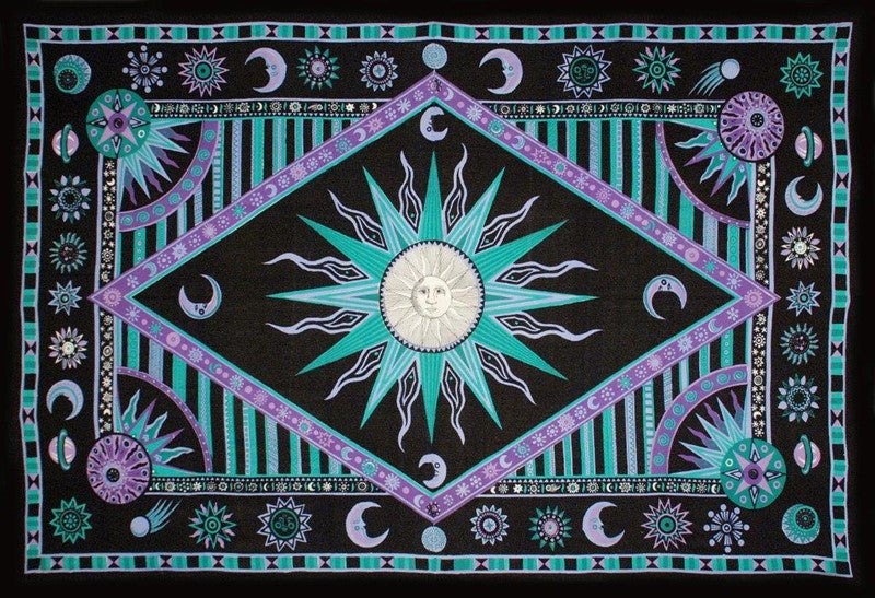 Handmade Cotton Celestial Sun Moon Star Tapestry Spread Twin Purple Green 70x104 - Sweet Us