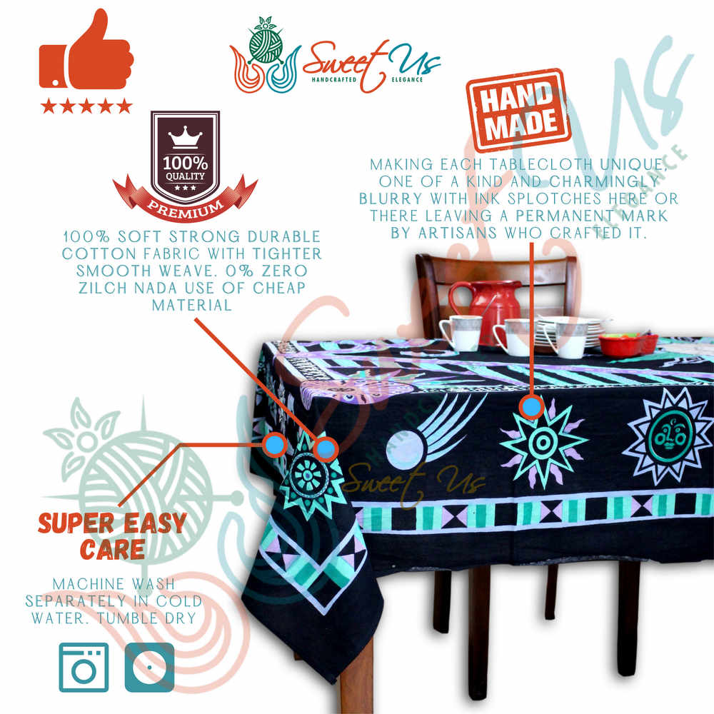 Cotton Celestial Sun Moon Star Tablecloth Rectangle Black Purple Green