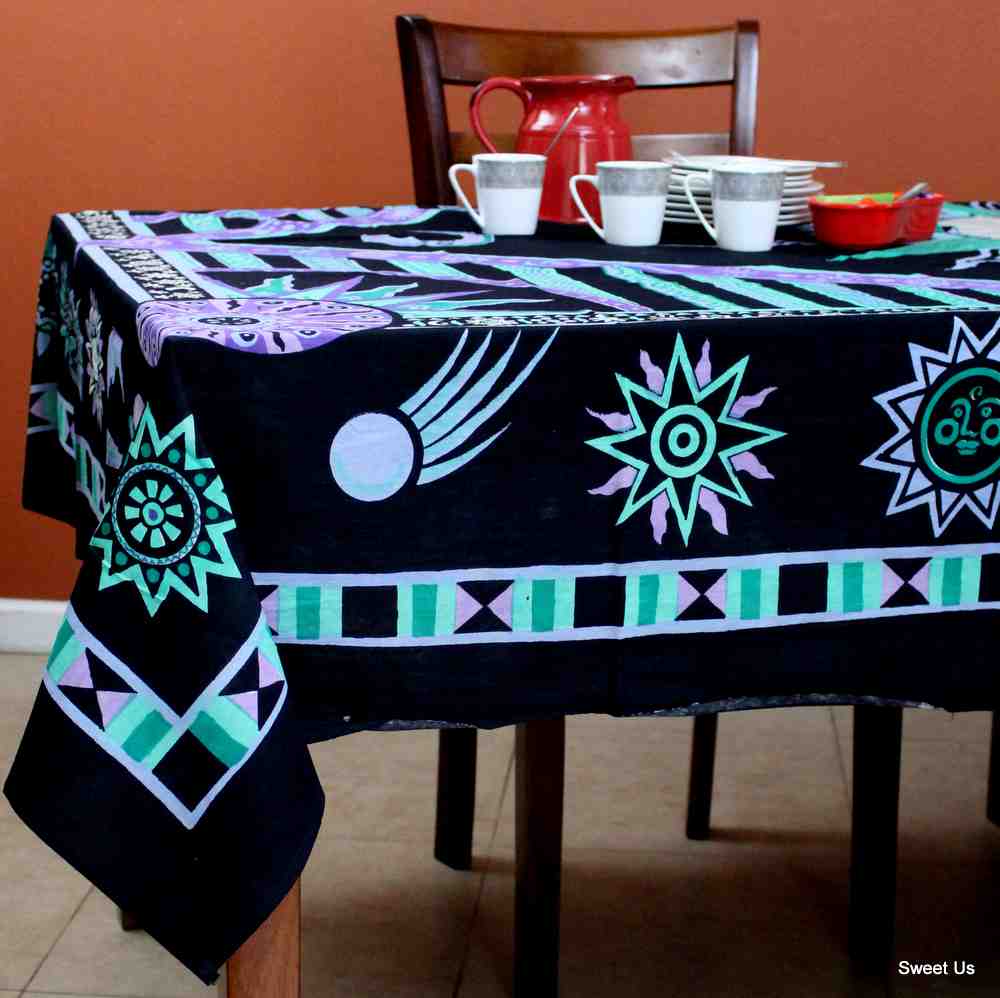 Cotton Celestial Sun Moon Star Tablecloth Rectangle Black Purple Green