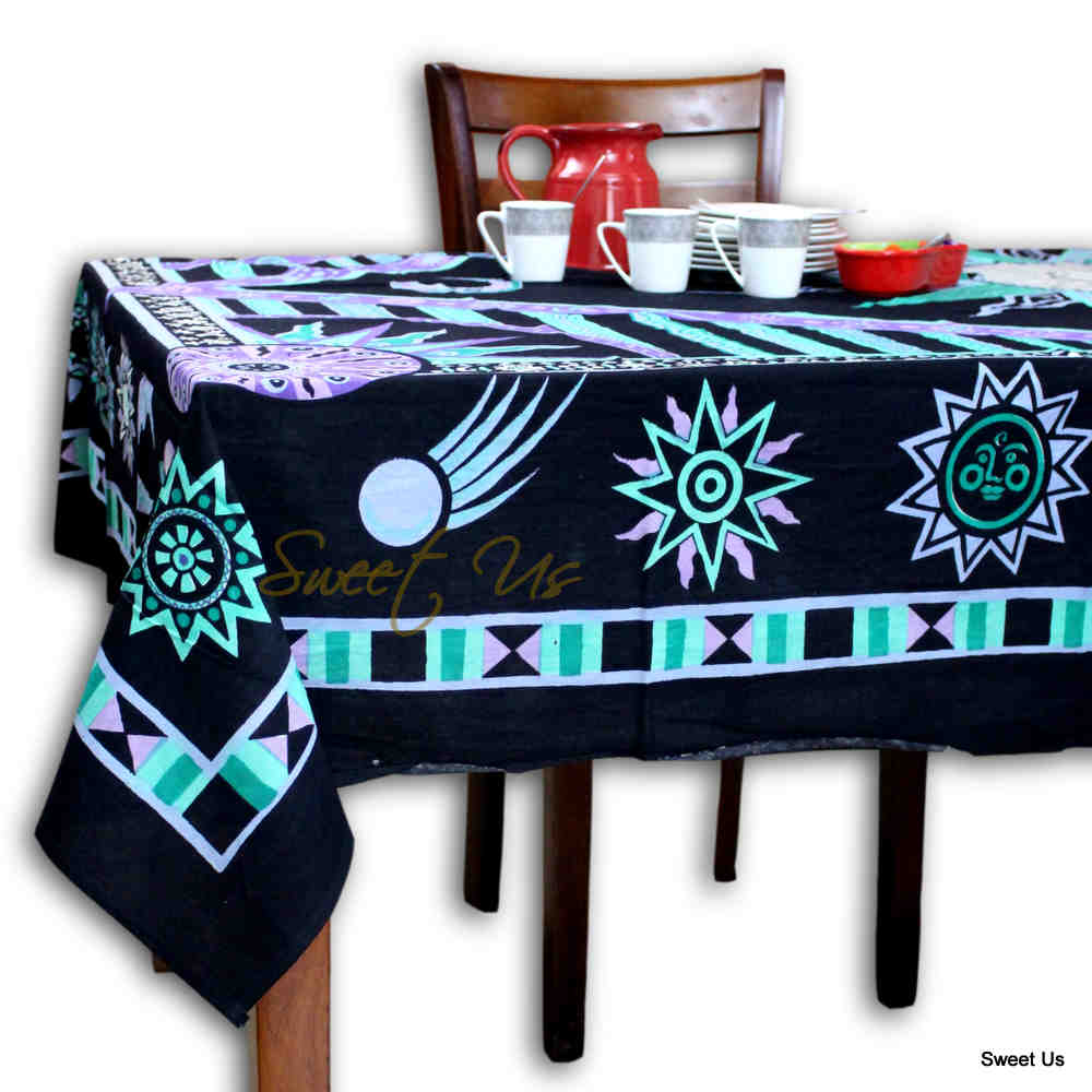 Cotton Celestial Sun Moon Star Tablecloth Rectangle Black Purple Green
