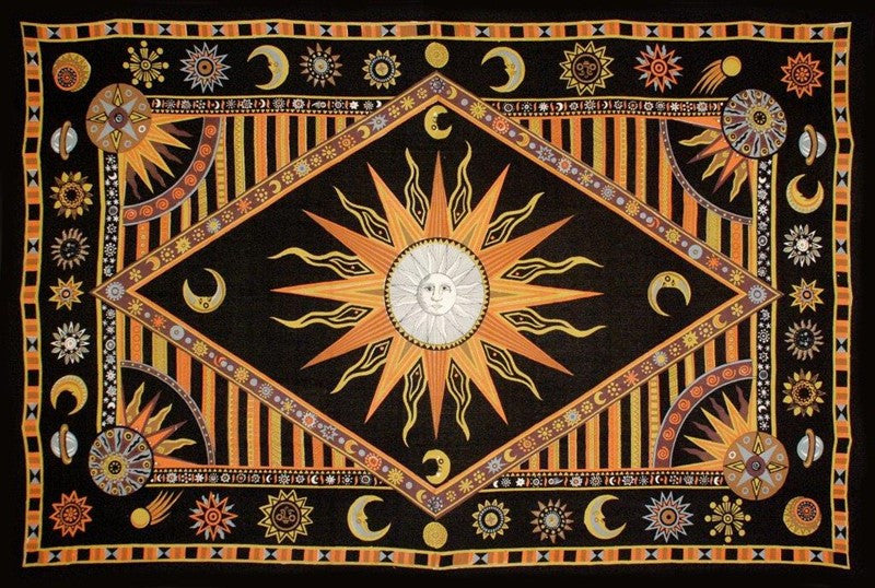 Handmade Cotton Celestial Sun Moon Star Tapestry Spread Twin Orange Black 70x104 - Sweet Us