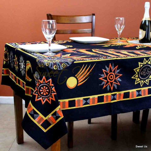 Cotton Celestial Sun Moon Star Tablecloth Rectangle, Orange Black