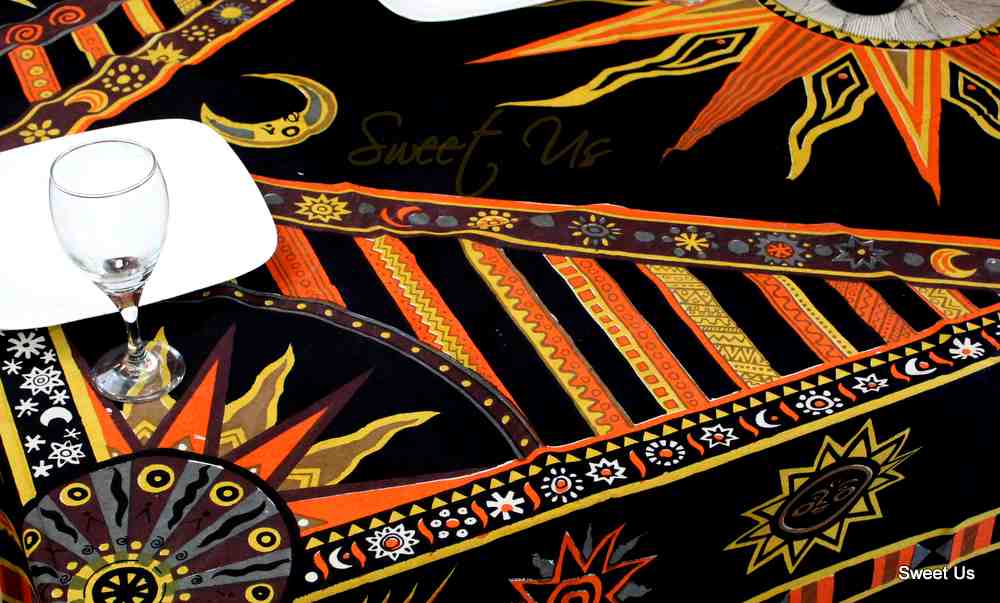Cotton Celestial Sun Moon Star Tablecloth Rectangle, Orange Black