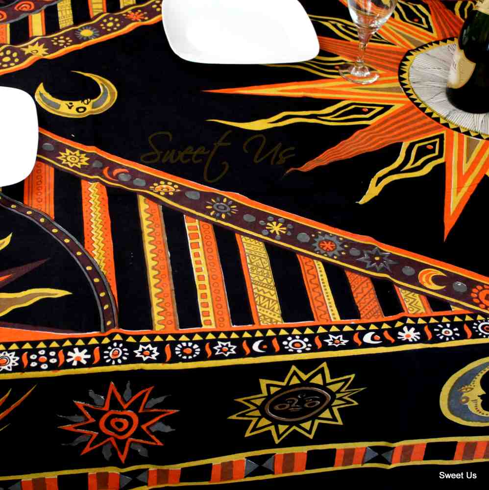 Cotton Celestial Sun Moon Star Tablecloth Rectangle, Orange Black