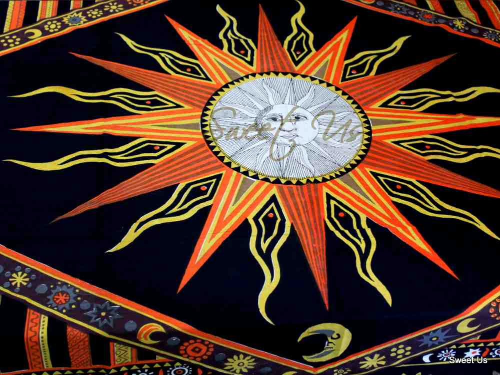 Cotton Celestial Sun Moon Star Tablecloth Rectangle, Orange Black