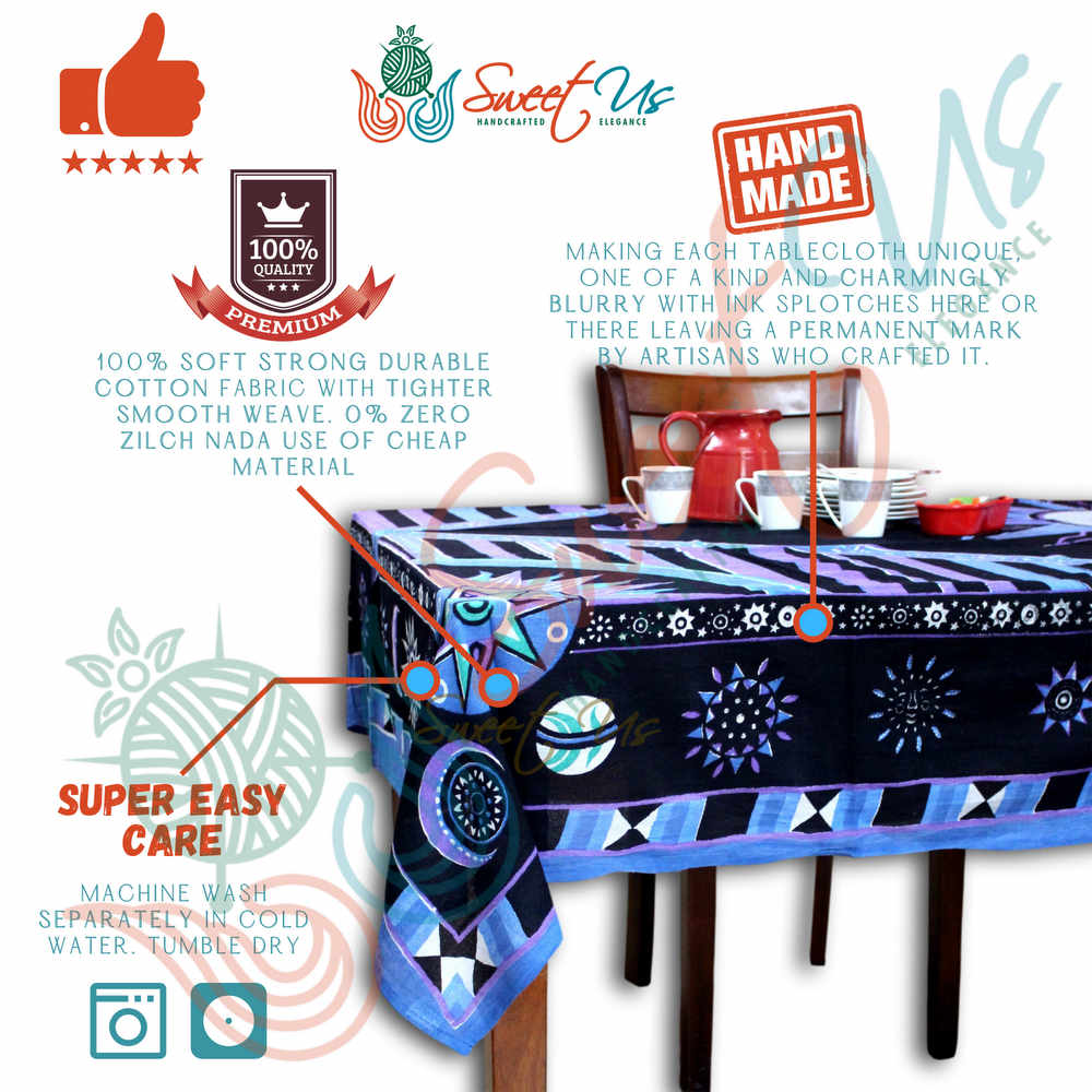 Cotton Celestial Sun Moon Star Tablecloth Rectangle Purple Blue Black