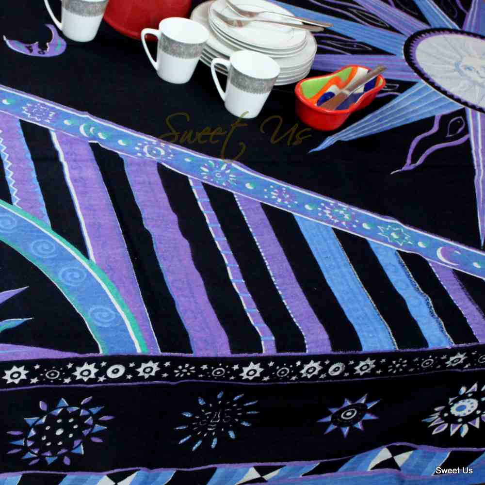 Cotton Celestial Sun Moon Star Tablecloth Rectangle Purple Blue Black