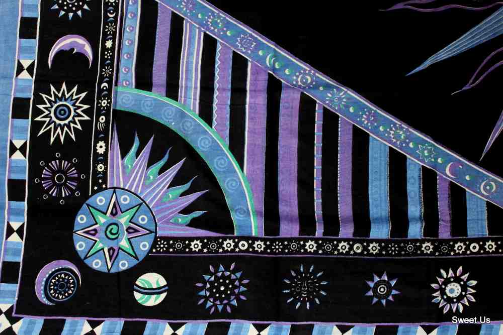 Cotton Celestial Sun Moon Star Tablecloth Rectangle Purple Blue Black
