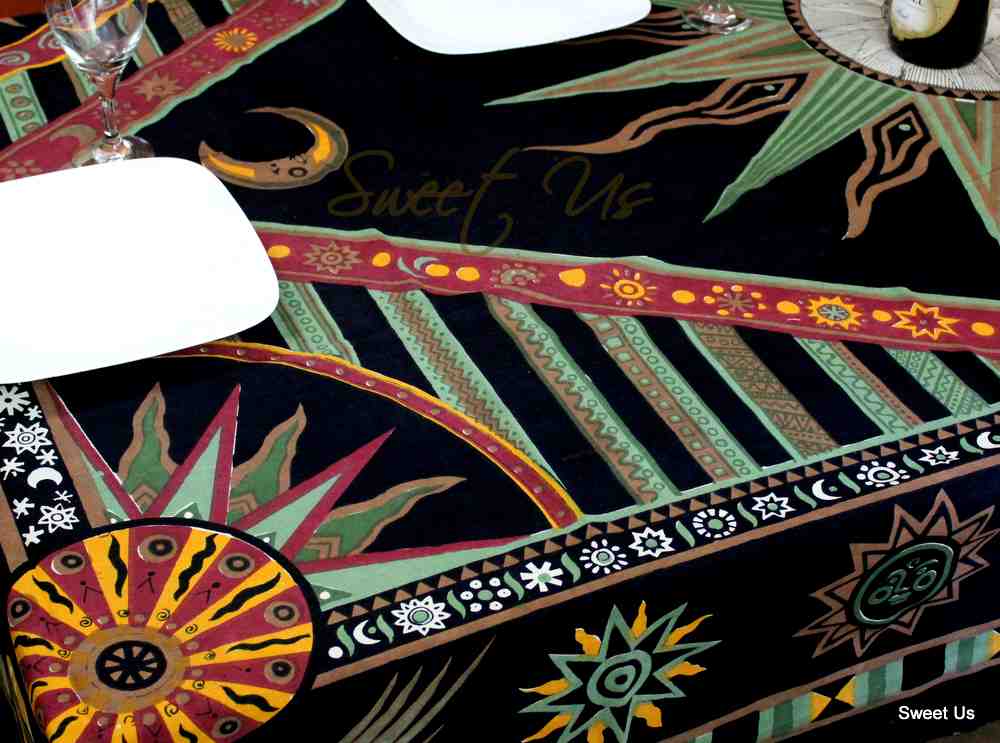 Cotton Celestial Sun Moon Star Tablecloth Rectangle Black Green Orange