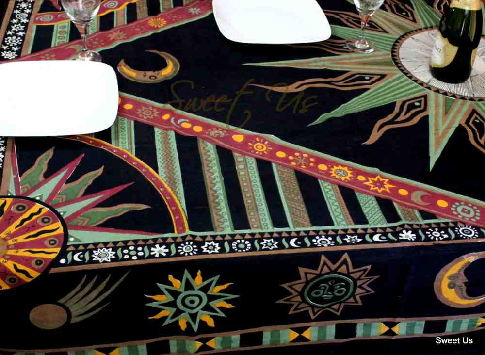 Cotton Celestial Sun Moon Star Tablecloth Rectangle Black Green Orange