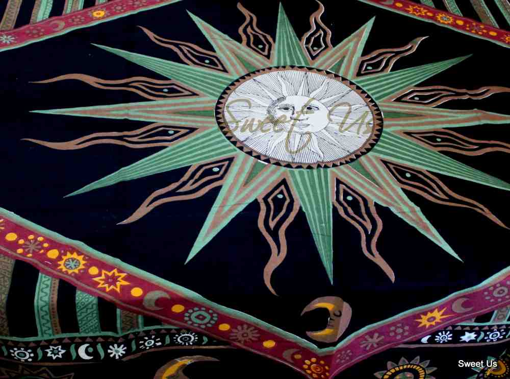 Cotton Celestial Sun Moon Star Tablecloth Rectangle Black Green Orange