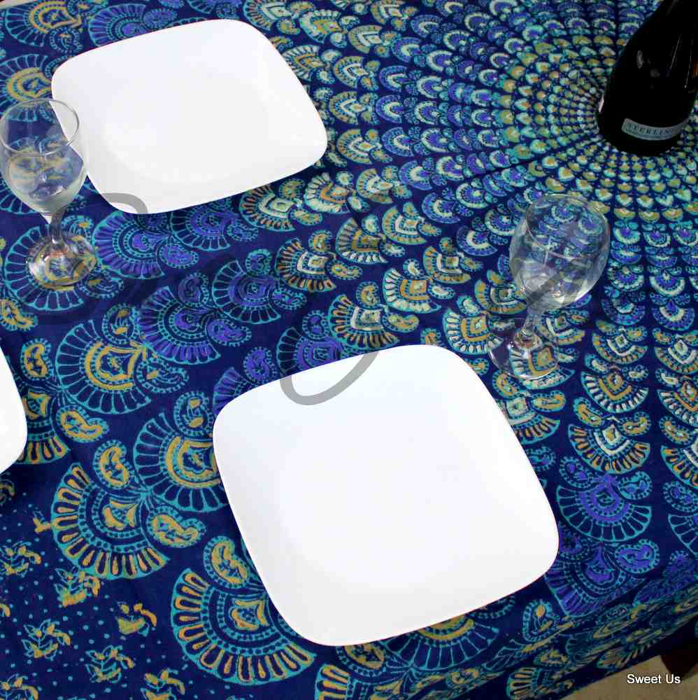 Cotton Peacock Mandala Floral Tablecloth Rectangle Blue Gold