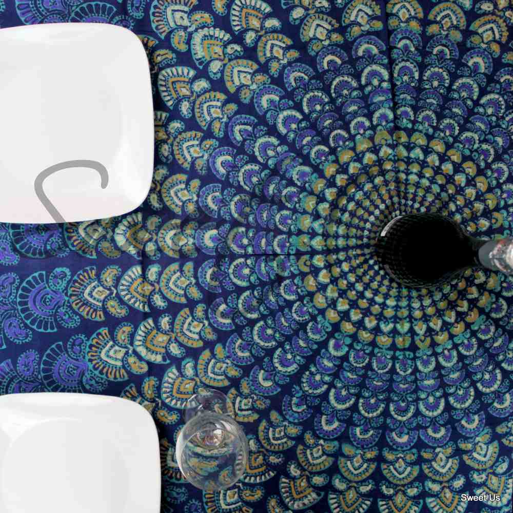 Cotton Peacock Mandala Floral Tablecloth Rectangle Blue Gold