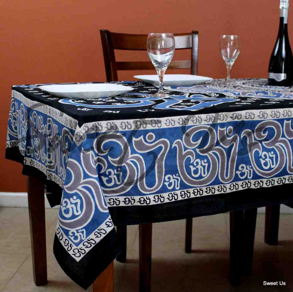 Mandala Om Print Tablecloth Rectangle Blue Black Brown White for Meditation Yoga