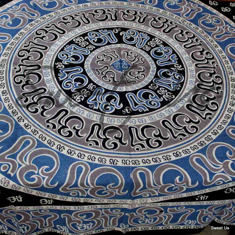 Mandala Om Print Tablecloth Rectangle Blue Black Brown White for Meditation Yoga