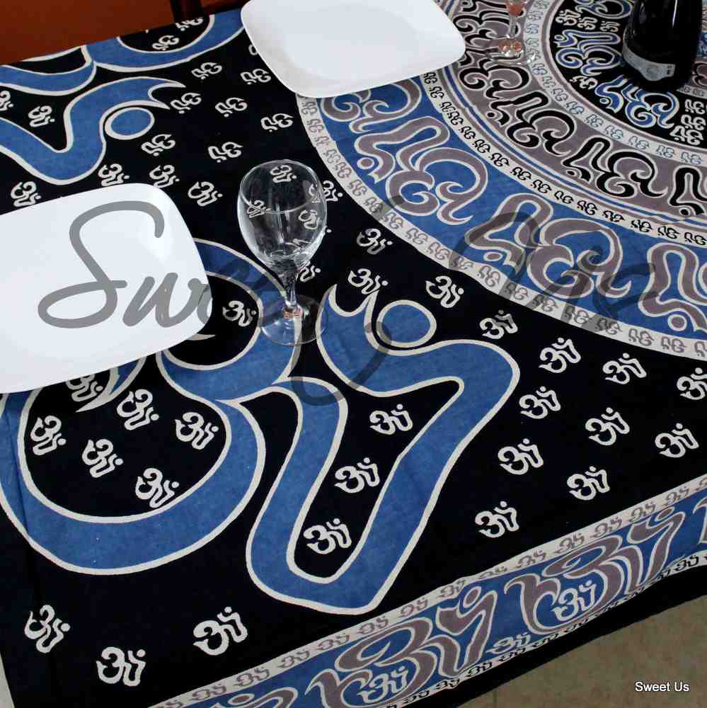 Mandala Om Print Tablecloth Rectangle Blue Black Brown White for Meditation Yoga