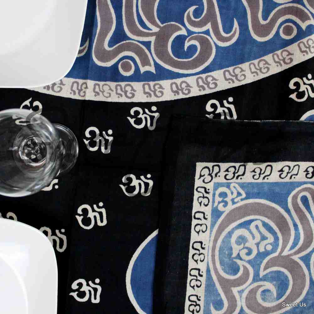 Mandala Om Print Tablecloth Rectangle Blue Black Brown White for Meditation Yoga