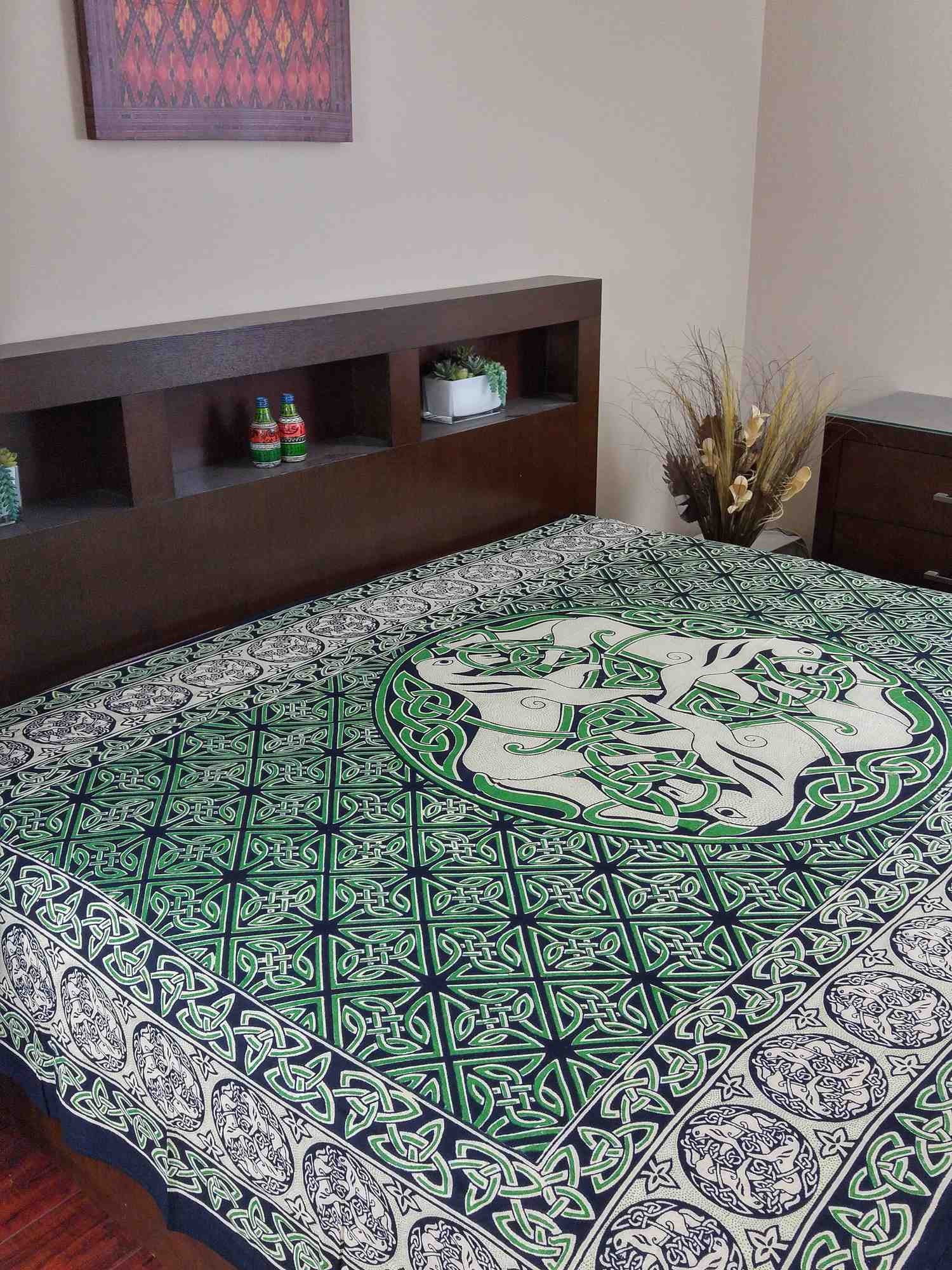 Cotton Celtic Horse Tapestry Tablecloth Twin Beige Green 70x106 - Sweet Us