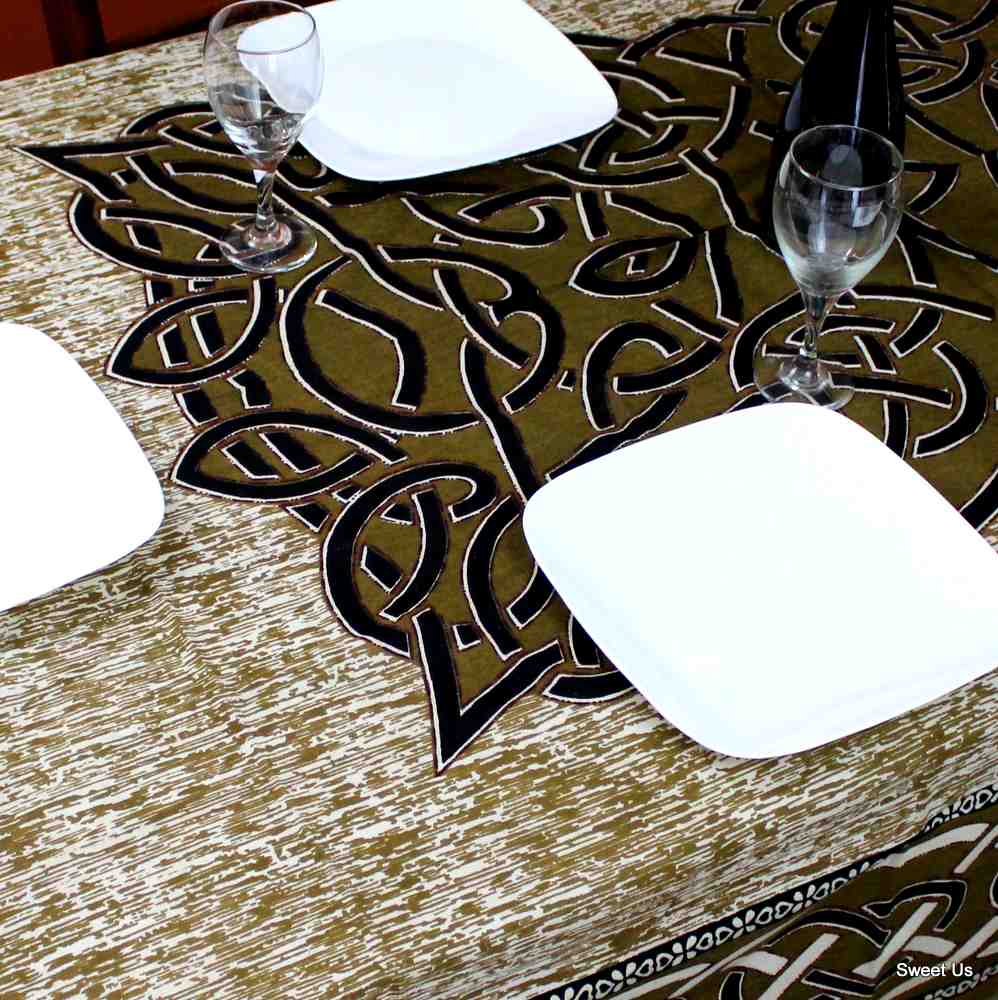 Cotton Celtic Circle Wheel Of Life Tablecloth Rectangle Olive Green Beige