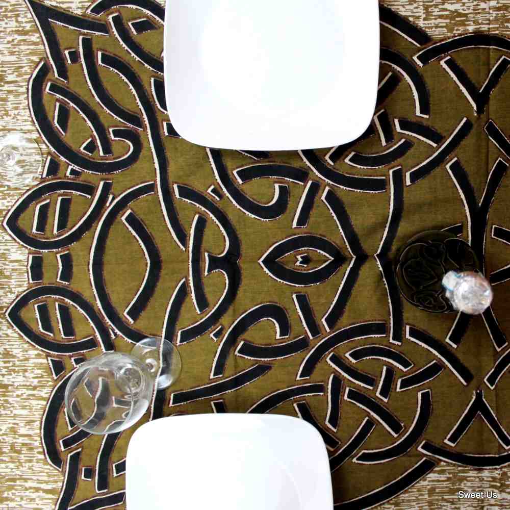 Cotton Celtic Circle Wheel Of Life Tablecloth Rectangle Olive Green Beige
