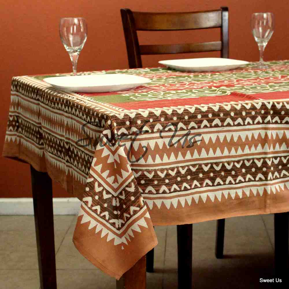Cotton Dabu Floral Vine Tablecloth Rectangle 70x98 Rust Olive Green