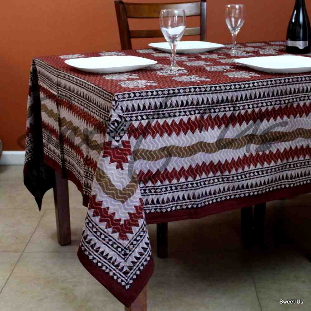 Cotton Handmade Dabu Elephant Tablecloth Rectangle 70x98 Brown Rust