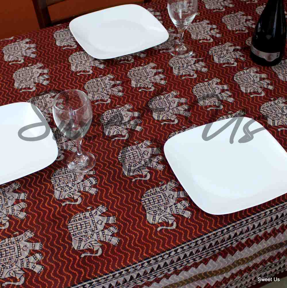 Cotton Handmade Dabu Elephant Tablecloth Rectangle 70x98 Brown Rust