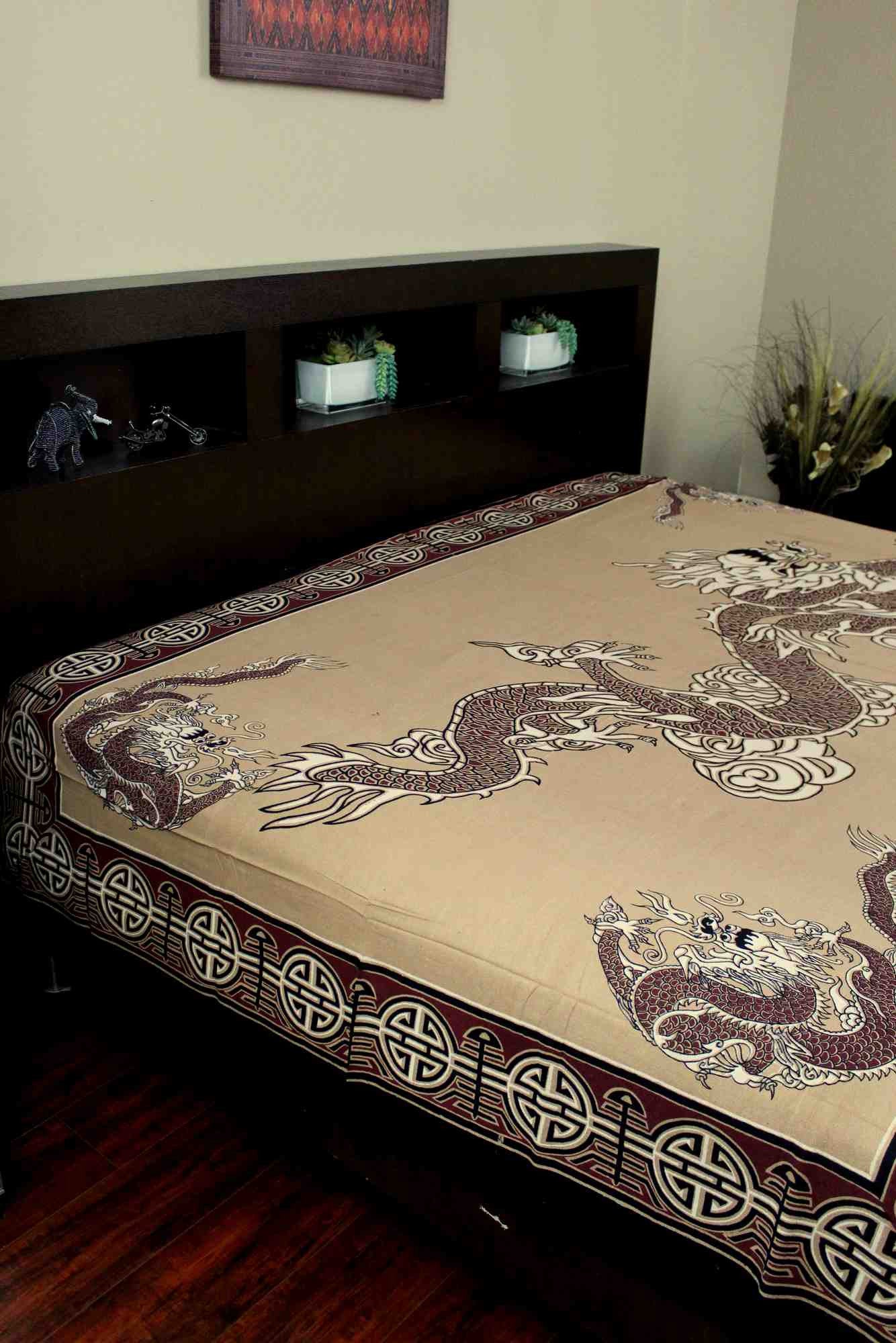 Handmade Cotton Asian Dragon Tapestry Tablecloth Coverlet Bedspread Twin 70x104 - Sweet Us