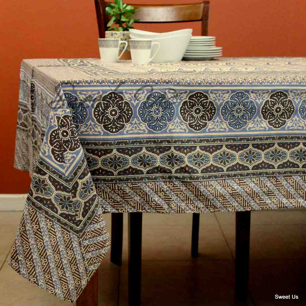 Cotton Floral Geometric Tablecloth for Rectangle Tables Blue Gray Beige