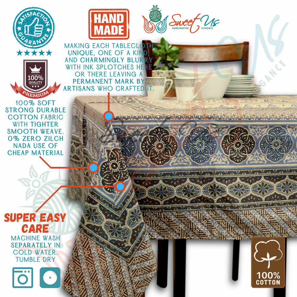 Cotton Floral Geometric Tablecloth for Rectangle Tables Blue Gray Beige