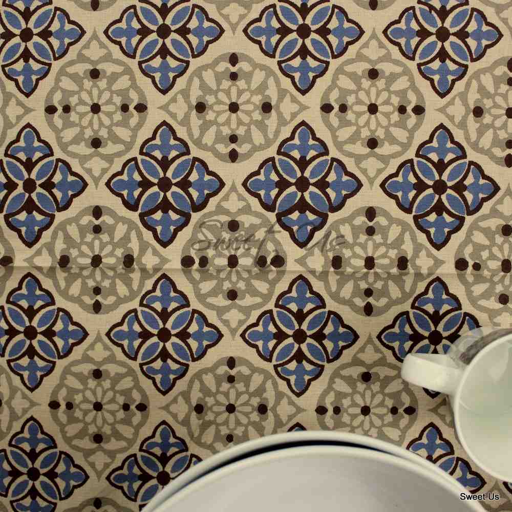 Cotton Floral Geometric Tablecloth for Rectangle Tables Blue Gray Beige