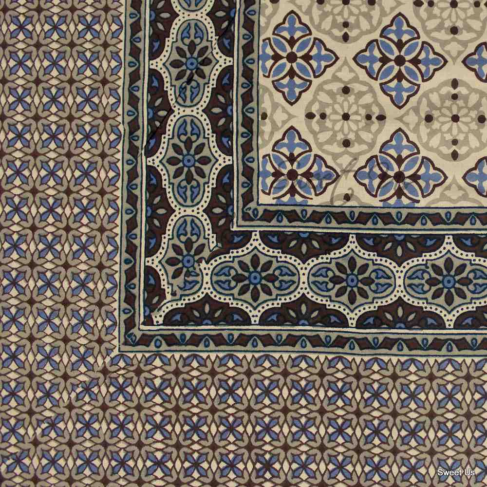 Cotton Floral Geometric Tablecloth for Rectangle Tables Blue Gray Beige