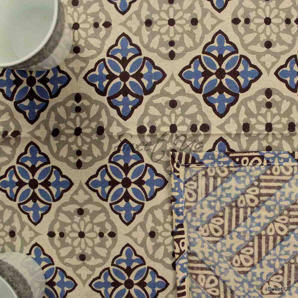 Cotton Floral Geometric Tablecloth for Rectangle Tables Blue Gray Beige