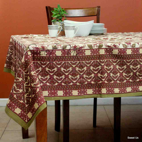 Cotton Floral Geometric Tablecloth Rectangle Brick Red Olive Green Beige Linen - Sweet Us