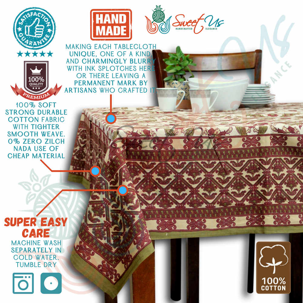 Cotton Floral Geometric Tablecloth Rectangle Brick Red Olive Green Beige Linen