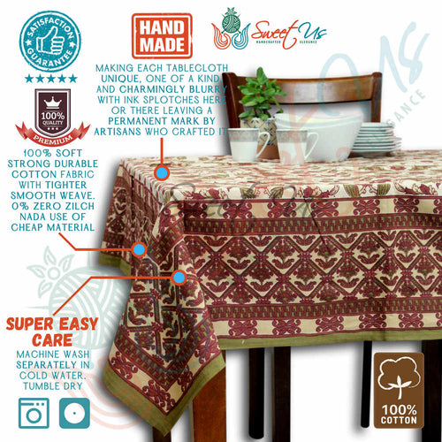Cotton Floral Geometric Tablecloth Rectangle Brick Red Olive Green Beige Linen - Sweet Us