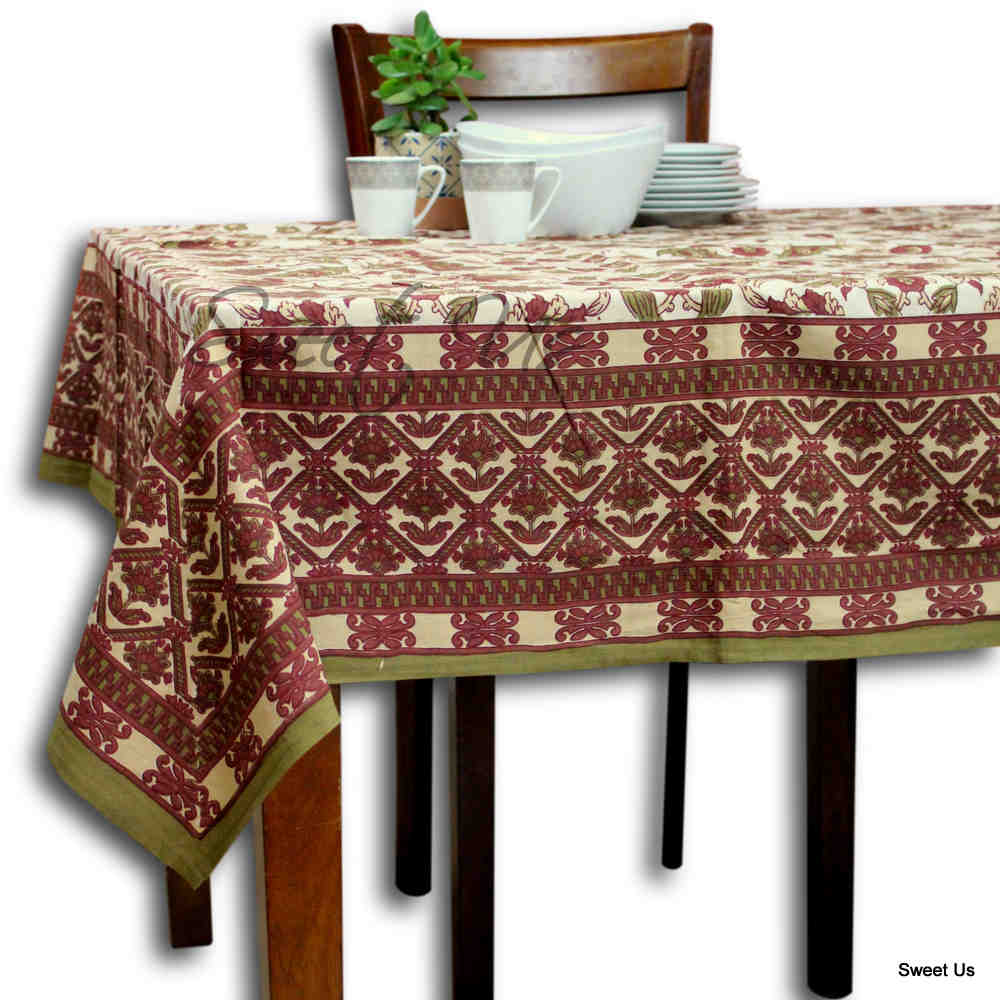 Cotton Floral Geometric Tablecloth Rectangle Brick Red Olive Green Beige Linen