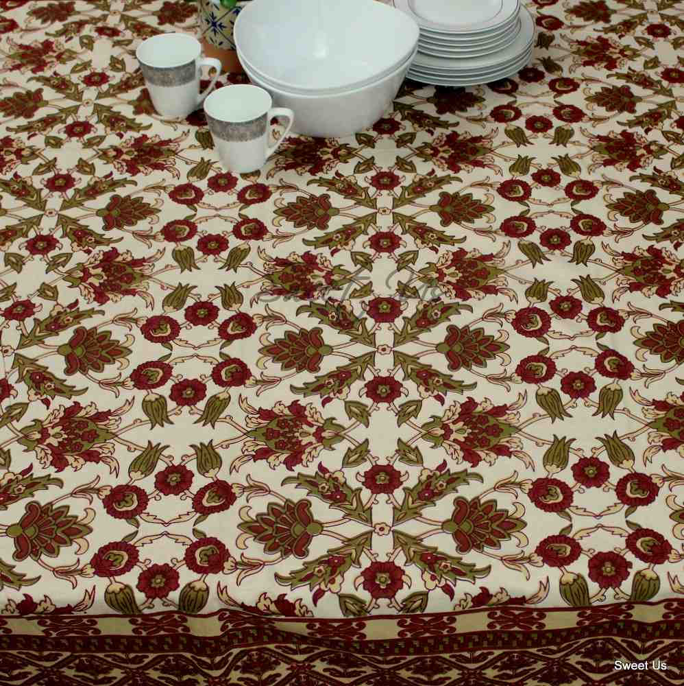 Cotton Floral Geometric Tablecloth Rectangle Brick Red Olive Green Beige Linen