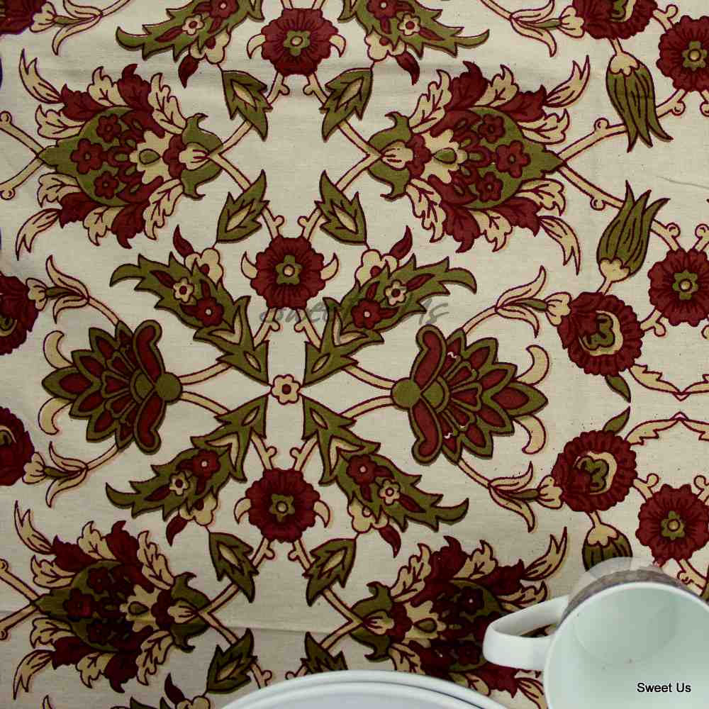 Cotton Floral Geometric Tablecloth Rectangle Brick Red Olive Green Beige Linen