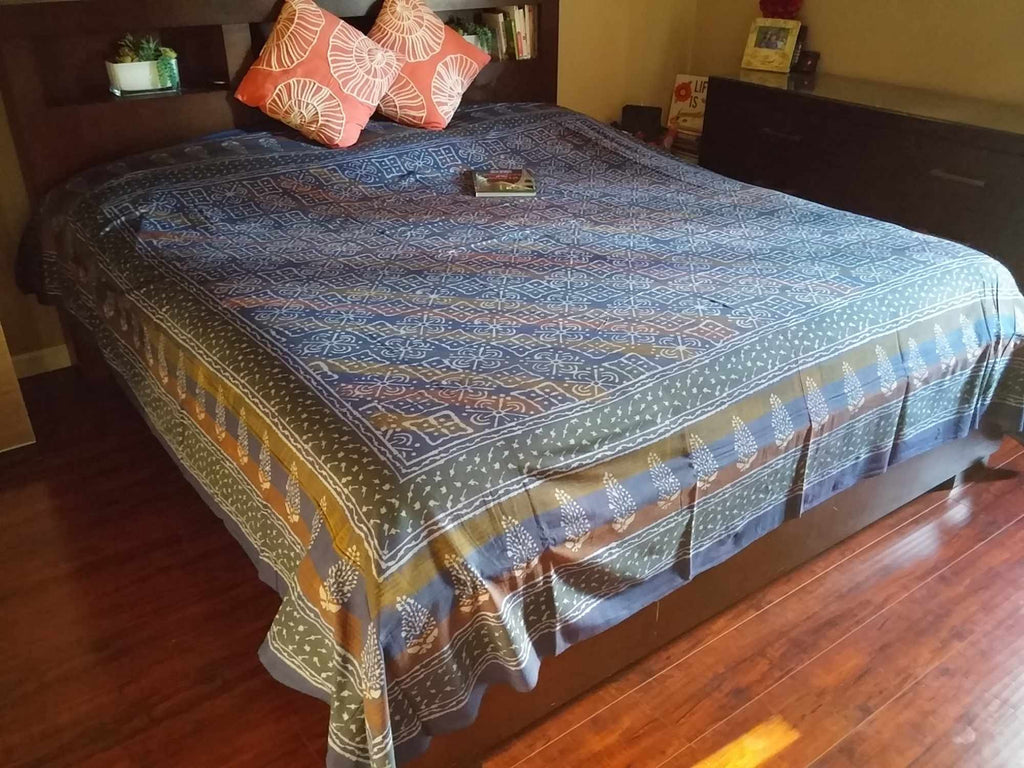 Handmade 100% Cotton Dabu Hand Block Print Tapestry Tablecloth Bedspread Coverlet Dorm Decor Beach Sheet Blue Queen - Sweet Us