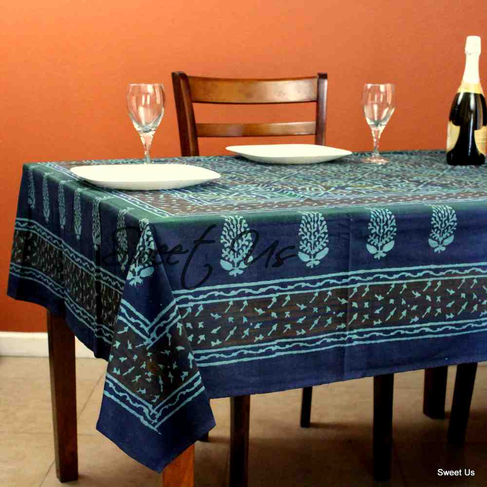 Cotton Dabu Hand Block Print Floral Geometric Tablecloth Rectangle Blue Green