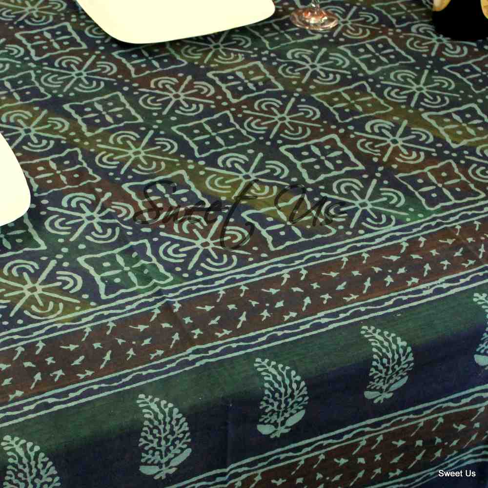 Cotton Dabu Hand Block Print Floral Geometric Tablecloth Rectangle Blue Green