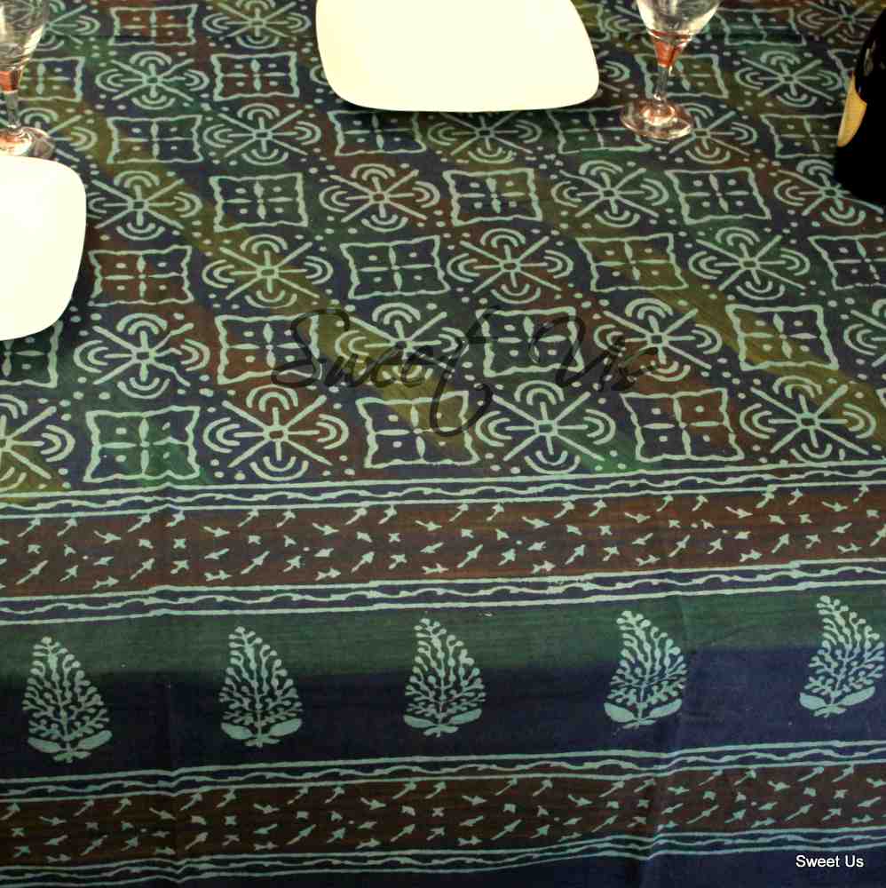 Cotton Dabu Hand Block Print Floral Geometric Tablecloth Rectangle Blue Green