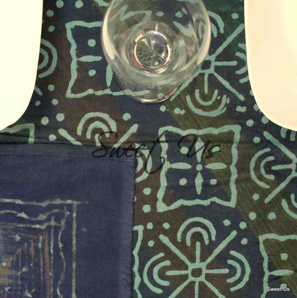 Cotton Dabu Hand Block Print Floral Geometric Tablecloth Rectangle Blue Green