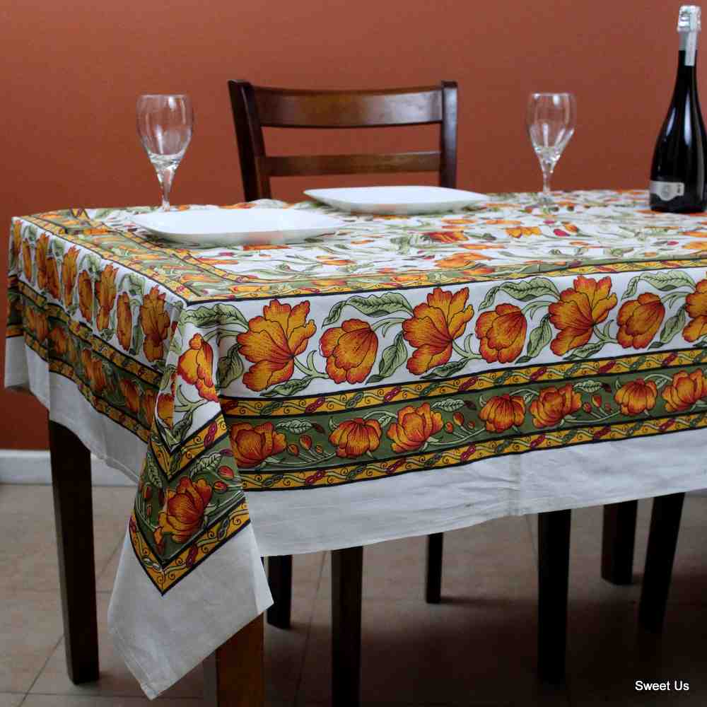 Cotton French Floral Tablecloth Rectangle Amber Olive White Kitchen Dining Linen