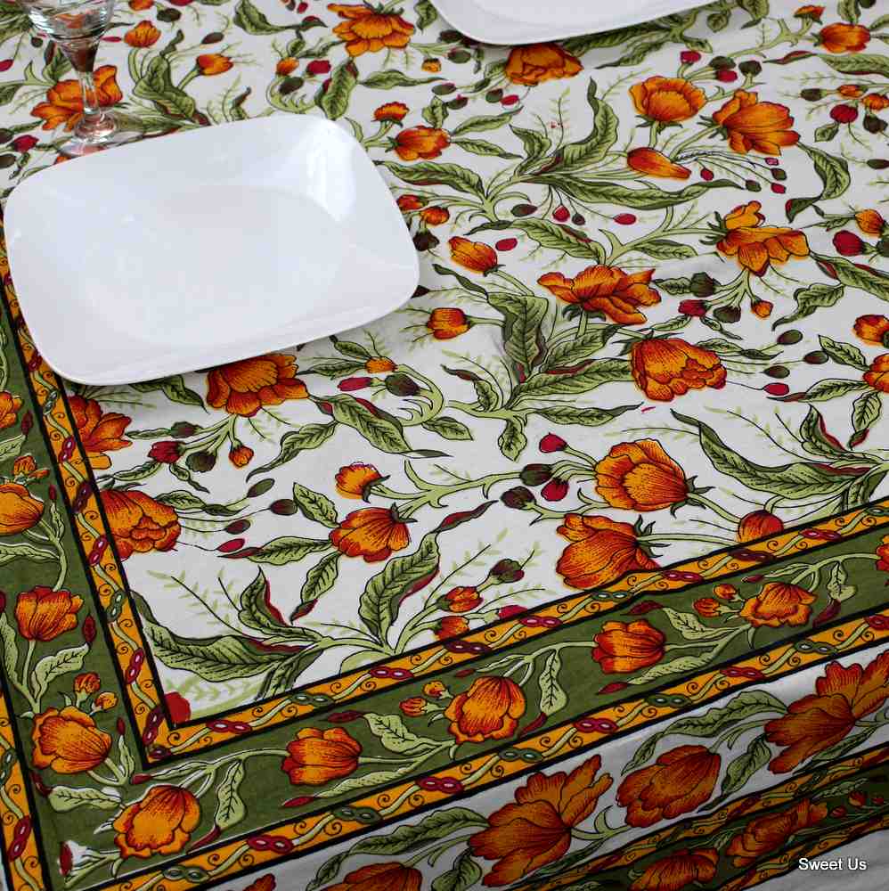 Cotton French Floral Tablecloth Rectangle Amber Olive White Kitchen Dining Linen